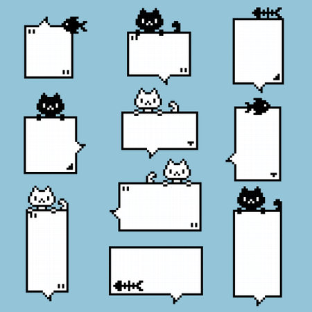 collection set of retro game 8bit pixel speech bubble balloon with animal pet cat and fish, flat design vector illustrationのイラスト素材