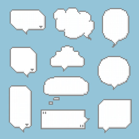 collection set of retro game 8bit pixel speech bubble balloon, flat design vector illustrationのイラスト素材