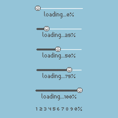 collection set of retro game 8bit pixel art loading process progress counter bar computer battery,...