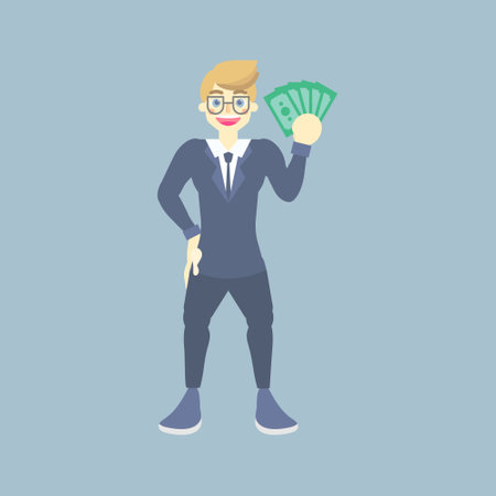 proud, confident businessman, office worker showing money in his hand, successful concept, flat character design vector illustration clip artのイラスト素材