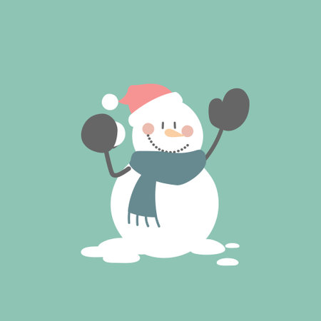 merry christmas and happy new year with cute snowman and snowball, flat vector illustration cartoon character costume designのイラスト素材