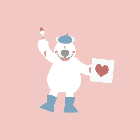 cute and lovely white polar bear with paintbrush drawing heart, happy valentine's day, love concept, flat vector illustration cartoon character costume designのイラスト素材