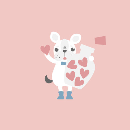 cute and lovely dog holding bottle of heart, happy valentines day, birthday, love concept, flat vector illustration cartoon character costume designのイラスト素材