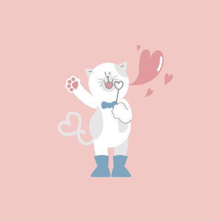 cute and lovely cat blowing heart shape bubble, happy valentines day, birthday, love concept, flat vector illustration cartoon character costume designのイラスト素材
