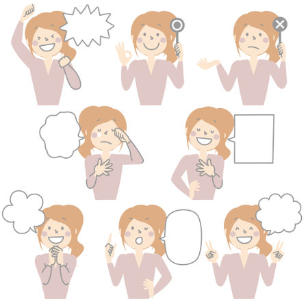 collection set of cute doodle hand draw speech bubble balloon with girl woman character facial expression, text box think speak talk banner, flat design vector illustrationのイラスト素材