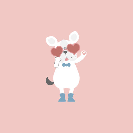 cute and lovely dog wearing heart shape glasses, happy valentines day, birthday, love concept, flat vector illustration cartoon character costume designのイラスト素材