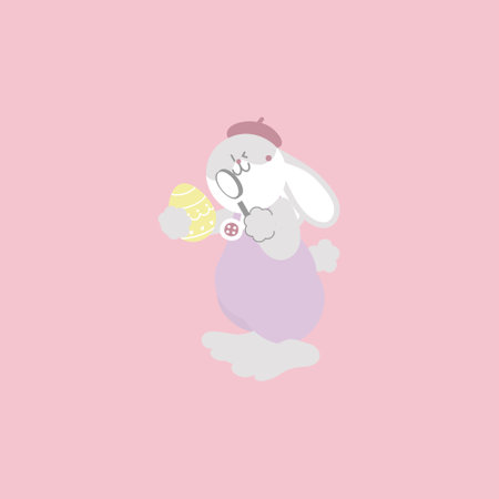 happy easter festival with animal pet bunny rabbit use magnifying glass to analyzing egg, pastel color, flat vector illustration cartoon characterのイラスト素材