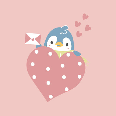 cute and lovely penguin holding love letter with heart, happy valentine's day, love concept, flat vector illustration cartoon character costume designのイラスト素材