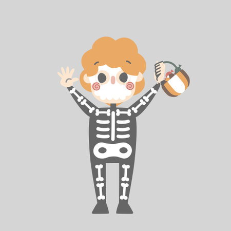 happy halloween holiday festival with boy wearing skeleton costume holding pumpkin basket with candy, flat vector illustration cartoon character designのイラスト素材