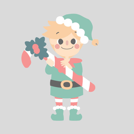 merry christmas and happy new year with cute little elf dwarf and candy cane, flat vector illustration cartoon character costume designのイラスト素材