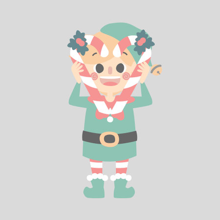 merry christmas and happy new year with cute little elf dwarf and candy cane, flat vector illustration cartoon character costume designのイラスト素材