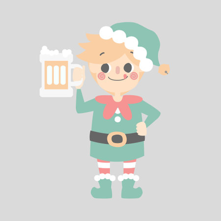 merry christmas and happy new year with cute little elf dwarf holding glass of beer, flat vector illustration cartoon character costume designのイラスト素材
