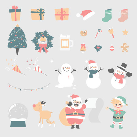 collection set of christmas ornaments decoration element, flat vector illustration cartoon character costume designのイラスト素材