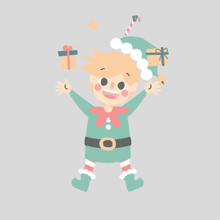 merry christmas and happy new year with cute little elf dwarf and present gift, flat vector illustration cartoon character costume designのイラスト素材
