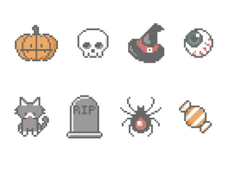 collection set of halloween 8bit pixel art, flat icon design vector illustrationのイラスト素材