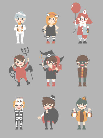 happy halloween holiday festival with character set of  boys and girls wearing pumpkin, devil, skeleton, dracula, witch, frankenstein, cat, mummy, and bozo costumeのイラスト素材