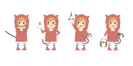 happy halloween holiday festival with character set of girls wearing cat costume, flat vector illustration cartoon character designのイラスト素材
