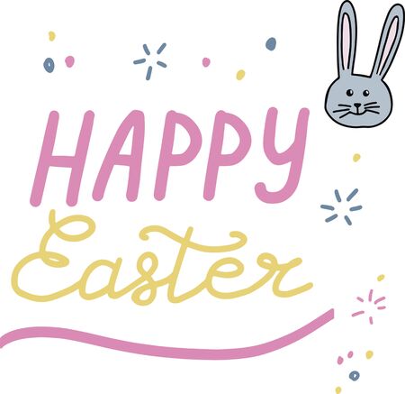 Happy Easter, lettering calligraphy, colorful text on white background. Easter slogans, eggs, rabbits, bunny. Template for typography poster, banner, postcard, flye.のイラスト素材