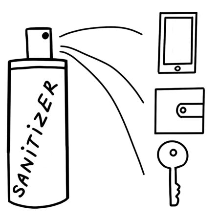 Smartphone, keys, wallet and a bottle of disinfectant to clean them to prevent the spread of the coronavirus.のイラスト素材