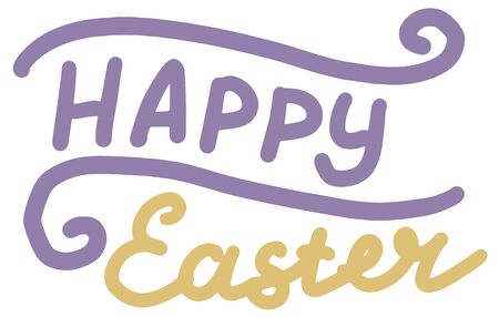 Happy Easter, lettering calligraphy , colorful isolated handwritten yellow, purple text on white background. Template for typography poster, banner, postcard, flyer, vector eps.のイラスト素材