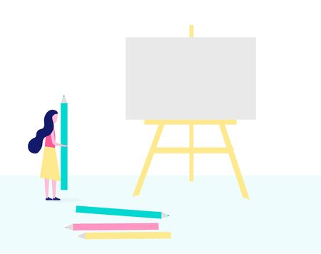 Woman draws a picture with pencils on canvas and easel. Concept of hobbies, creativity, art, drawing lessons. teainings. Vector flat style illustration.のイラスト素材