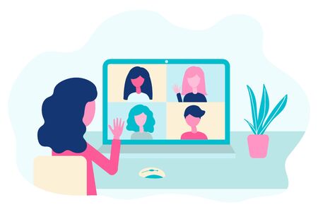 Video conference. People group on laptop screen talking, virtual meeting. Online communication vector concept in flat designのイラスト素材