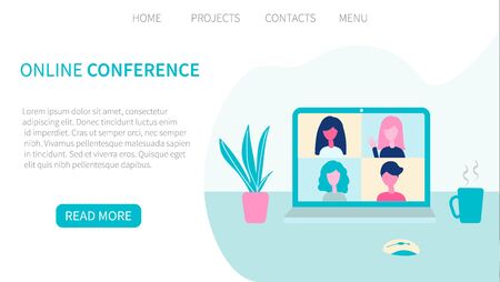 Video conference. People group, virtual meeting. Online communication vector concept in flat design. Landing page website template. Vector illustration for web and graphic designのイラスト素材