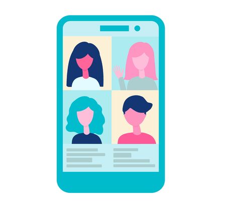 Online video conference on the mobile app. Virtual meeting concept. People group on the phone screen talking, Online communication, education, remote work vector in flat designのイラスト素材