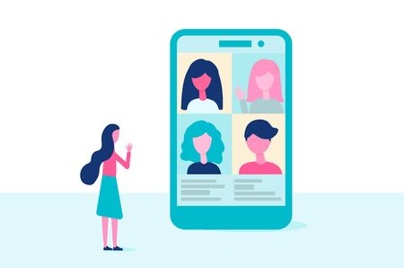 Video conference. People group on the phone screen talking. Virtual meeting concept. Online communication, education, remote work vector in flat designのイラスト素材