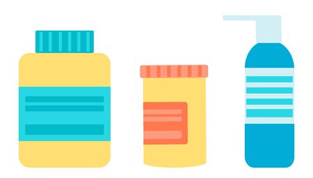 Medication, pills, spray. Pharmacy and Medical concept. Tablets, sprays and capsules. Medicine vector concept in flat design isolated on white backgroundのイラスト素材
