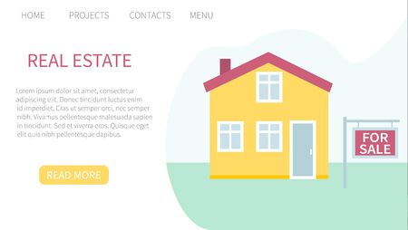House for sale. Real estate business concept with houses. The house and signboard with the information. Landing page website template. Vector illustration for web and graphic design.のイラスト素材