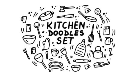 Kitchen doodles icon set. Hand drawn lines kitchen cooking tools and appliances, kitchenware, utensil cartoon icons collection. Vector illustration.のイラスト素材
