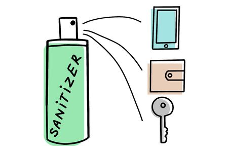 Use sanitizer. Smartphone, keys, wallet and a bottle of disinfectant to clean them. Hand drawn lines cartoon icon. Coronavirus, covid-19 protection concept. Antiseptic, antibacterial prevents infection with virus in doodle styleのイラスト素材