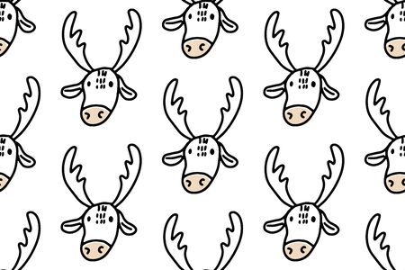 Hand drawn lines cartoon deer. Doodle seamless pattern for kids isolated on white background. For your fabric, textile design, wrapping paper or wallpaperのイラスト素材