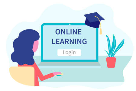 Online Learning, distance education concept. Training and courses. Woman student studies courses on a website in a laptop. Vector in flat designのイラスト素材