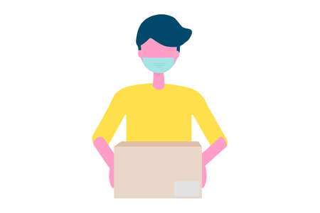 Delivery Men in a medical face mask delivers a box. The concept of safe delivery, contactless shopping. Vector illustration in a flat style isolated on white backgroundのイラスト素材