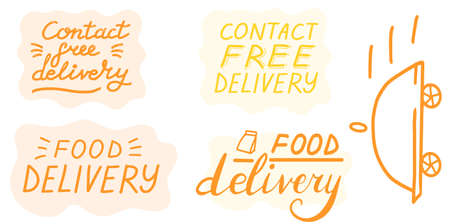 Contact free delivery. Big collection. Safe delivery lettering set. Vector brush trendy orange...