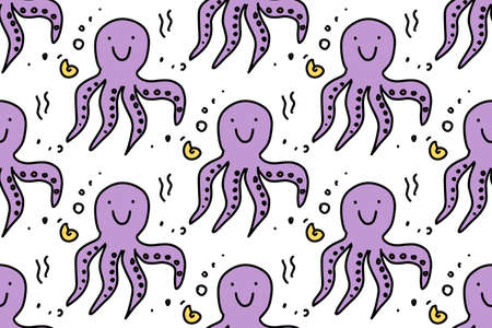 Sea life seamless pattern with cute doodleoctopus. Hand drawn lines cartoon octopus. Marine background. Vector illustration for your fabric, textile design, wrapping paper or wallpaperのイラスト素材