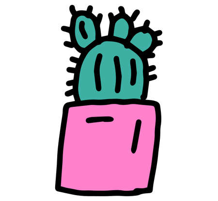 Cute cactus in pot, hand drawing. Colorful house plant in doodle style. Vector illustration isolated on white backgroundのイラスト素材