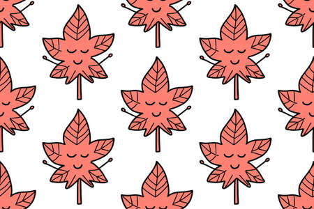 Maple leaf seamless pattern isolated on white background. For your fabric, textile design, wrapping paper or wallpaper.Cute cartoon red autumnal garden leaf, fall leaf and fallen dry leavesのイラスト素材