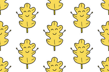 Oak leave seamless pattern isolated on white background. For your fabric, textile design, wrapping paper or wallpaper. . Cute cartoon red autumnal garden leaf, fall leaf and fallen dry leaves.のイラスト素材