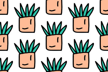 Cute house plant in pot seamless pattern. Colorful house plant in doodle style. For your fabric,...