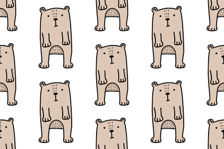 Hand drawn lines cartoon bear. Doodle seamless pattern for kids isolated on white backgroundのイラスト素材