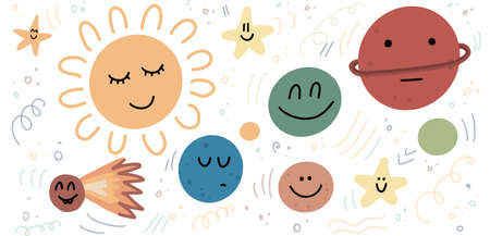 Cartoon Planets Set. Collection of various planets, moons, asteroid and earth globes isolated on white background. Doodle characters illustrations.のイラスト素材