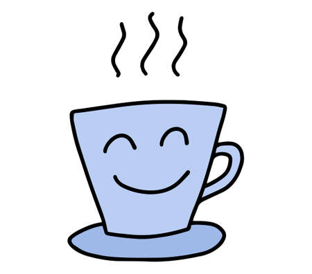 Cute Cup Of Coffee. Hand drawn lines cartoon characters. Cappuccino, americano, latte, mocha. Concept of hot drinks, morning and breakfast. Vector illustration.のイラスト素材