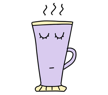 Cute Cup Of Coffee. Hand drawn lines cartoon characters. Cappuccino, americano, latte, mocha. Concept of hot drinks, morning and breakfast. Vector illustration.のイラスト素材