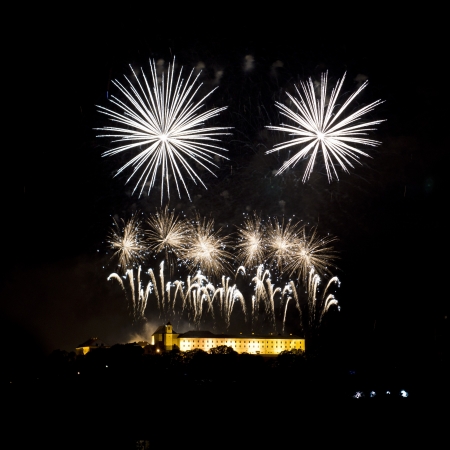 Fireworks above Spielberk castle in Brno, part of Ignis Brunensis festivalの写真素材