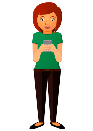 Young woman holding and looking at her cellphone vector iconのイラスト素材