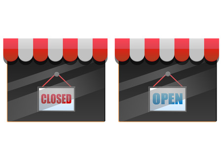 Closed and open signs on store glass windows vector iconのイラスト素材