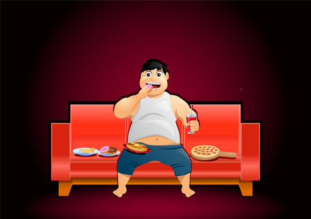 Obese man eating food on the couch vectorのイラスト素材
